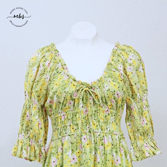 Rahi Milly Smock Floral Scoop Neck Mini Dress Green Yellow Women M - Picture 8 of 15